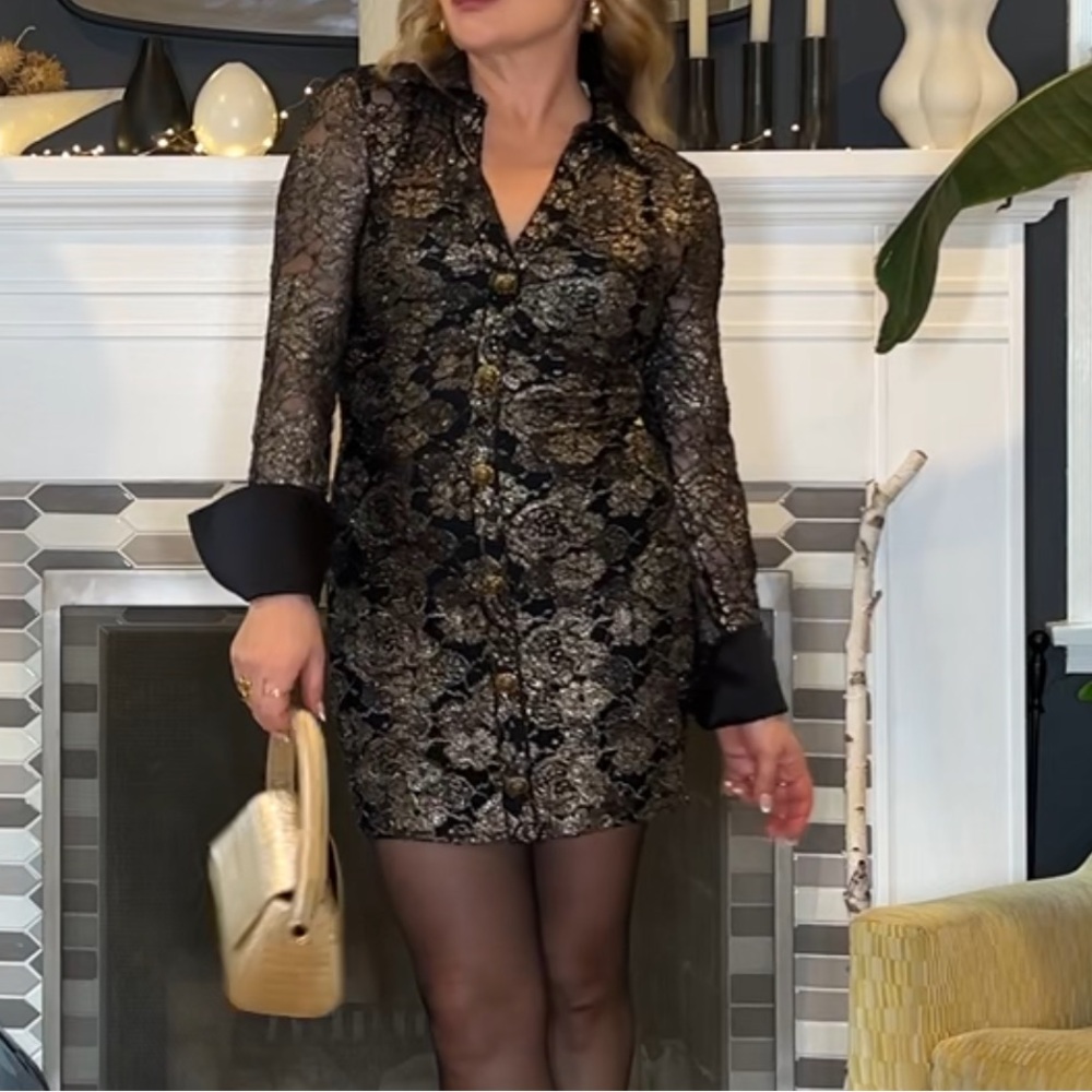 Ramy Brook Black and Gold Lace Long Sleeve Mini Dress